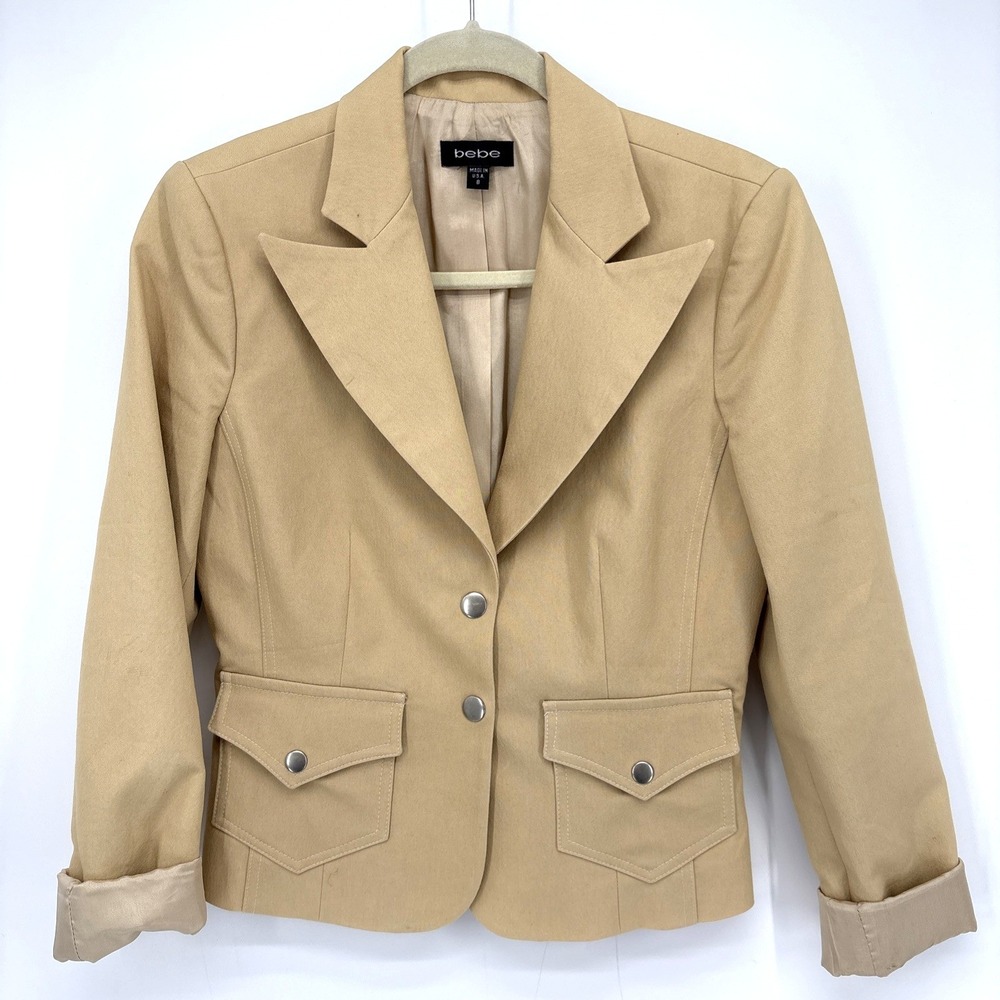 Bebe Blazer Jacket Womens 8 Khaki Cropped Tailored Coastal Cowgirl USA